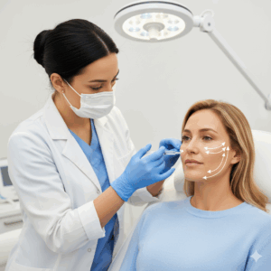 Profissional realizando preenchimento para tratamento de bigode chinês em clínica de BH.